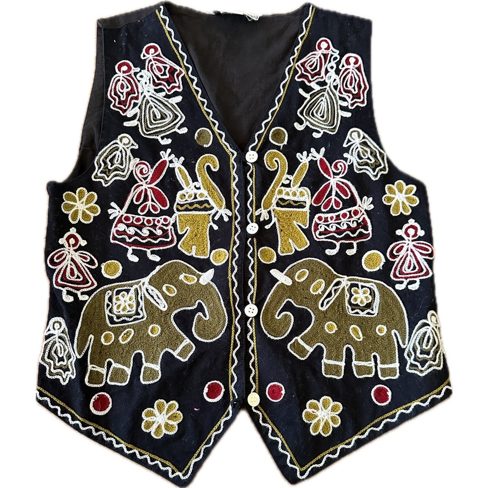 Jonathan Martin Embroidered Elephant Vest Size Large L Vintage 90s Fashion